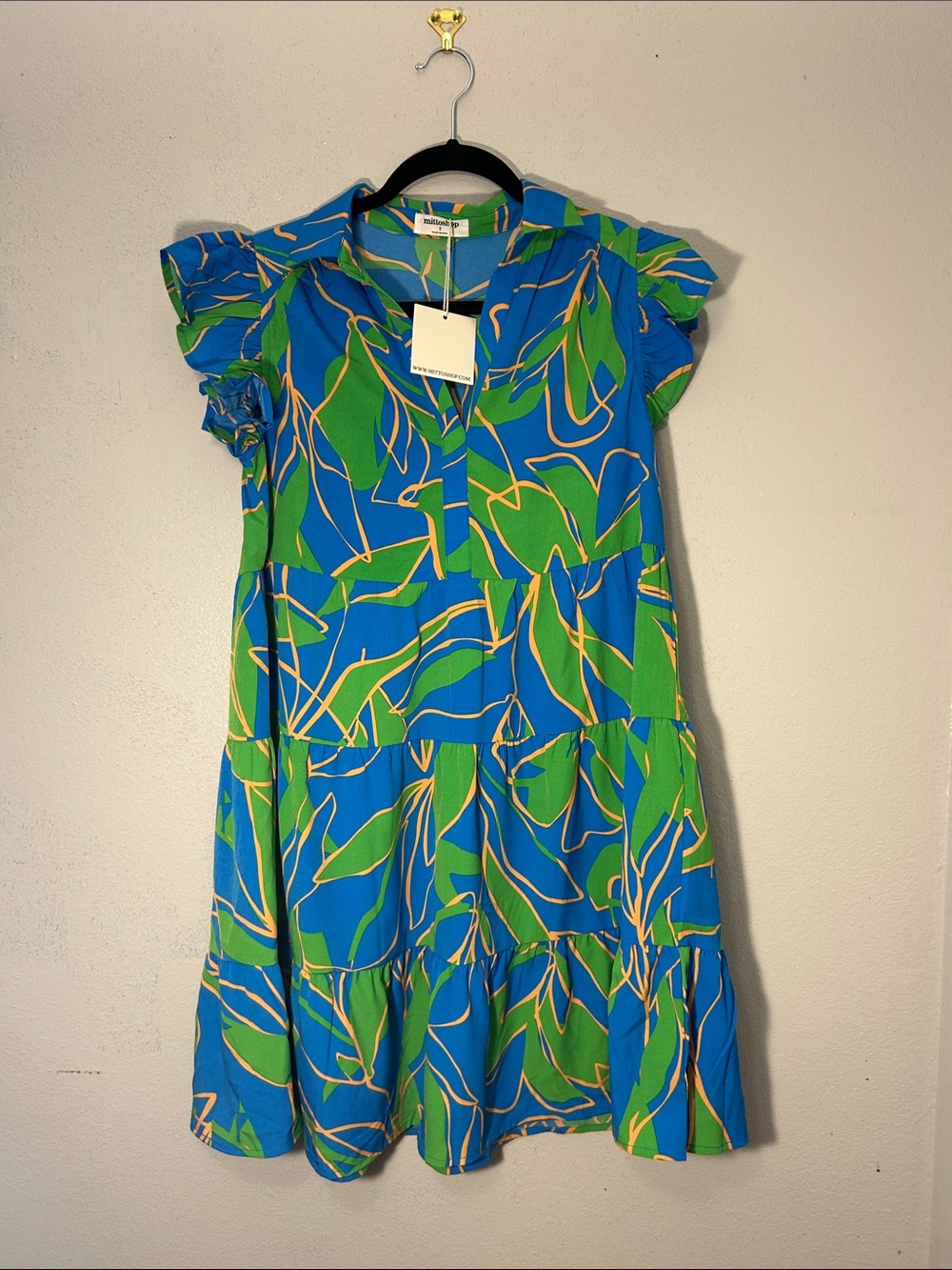 Mittoshop Tropical Print Tiered Mini Dress Blue Green Size Small NWT